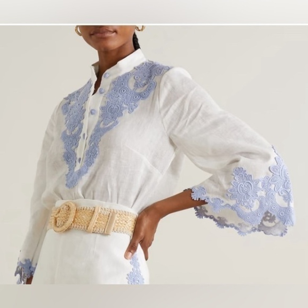 ZIMMERMANN Raie guipure lace-trimmed linen blouse sz 0 NWT 650$
